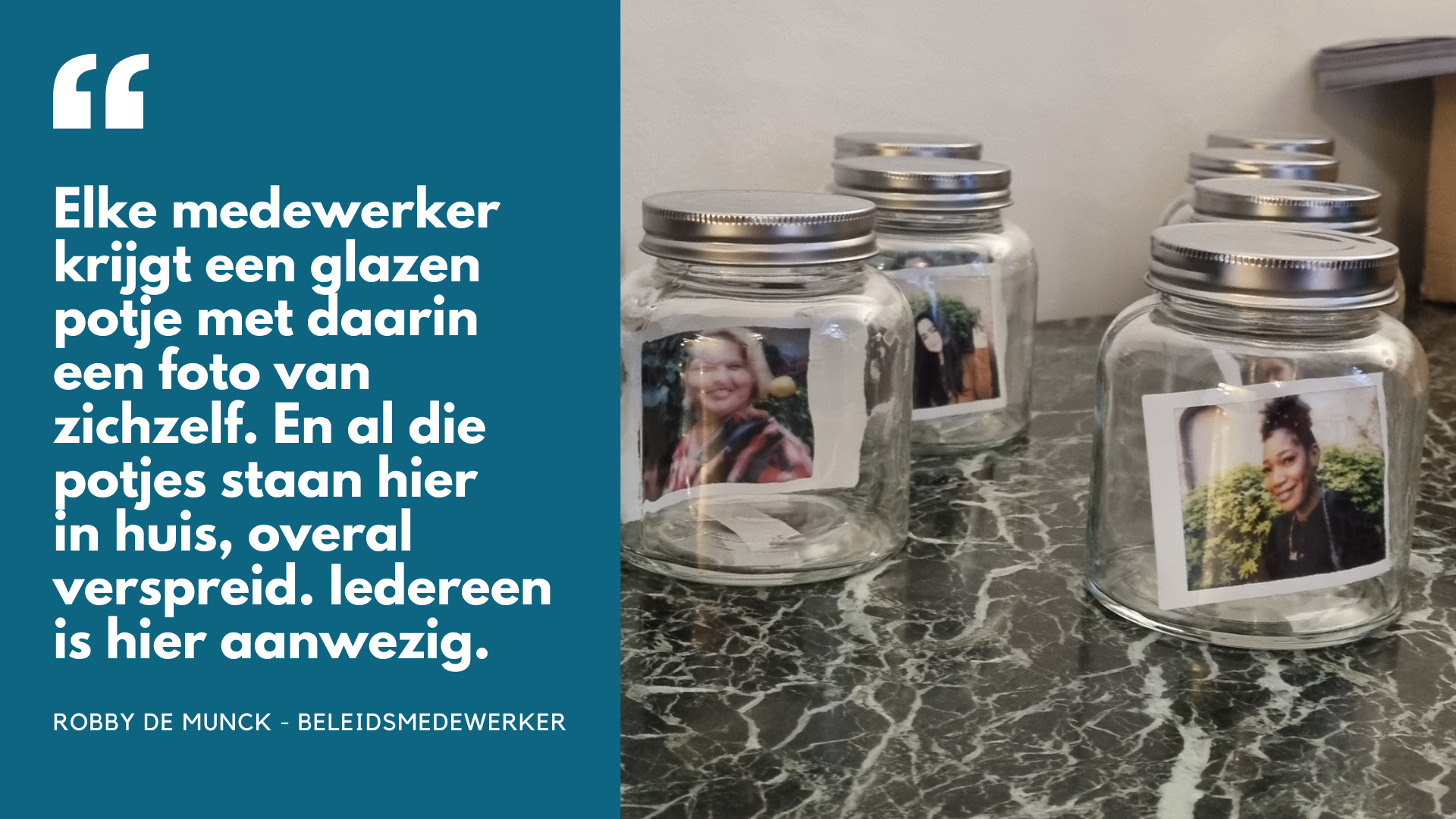 glazen potjes met foto's van personeel vleminckveld