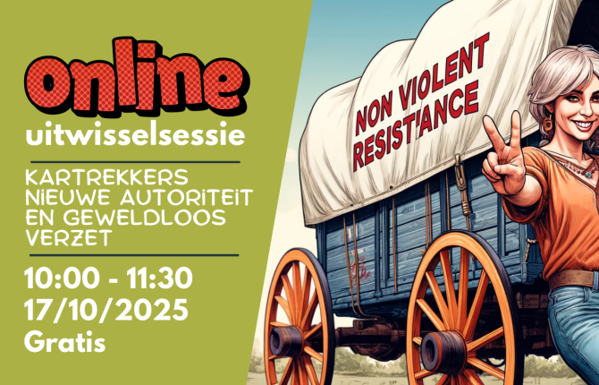 vrouw doet vredesteken met huifkar