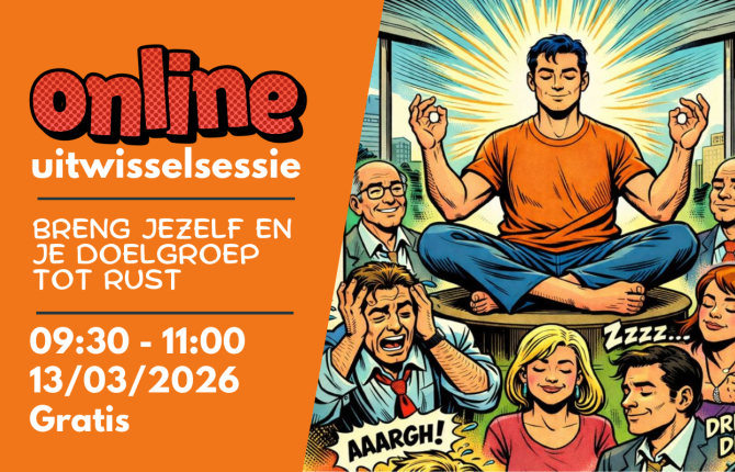 breng rust, man in yoga pose met allerlei mensen rond